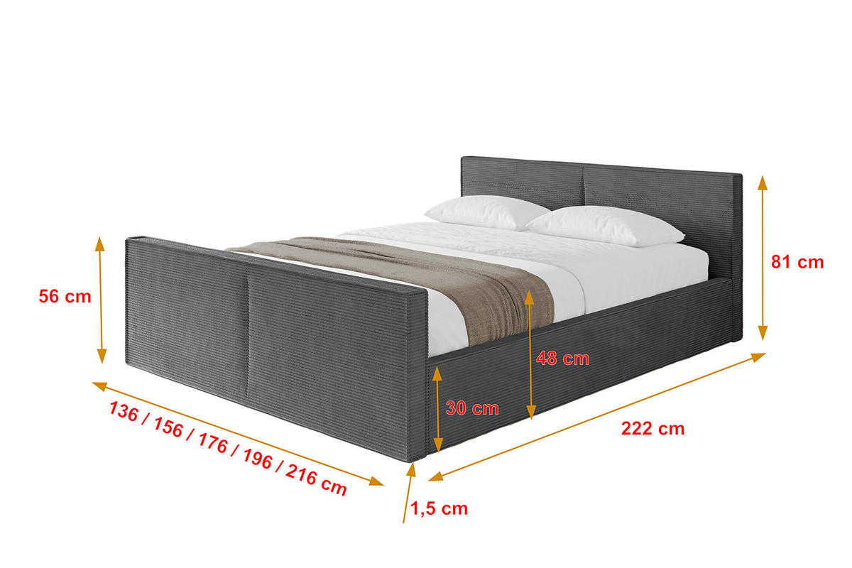 POLSTERBETT mit Bettkasten, Fußteil und Lattenrost, Boxbett ohne Matratze - EMMI-Z-V1 180x200 Dunkelgrau - Anthrazit, Holzwerkstoff/Textil (180/200cm) - ALTDECOR