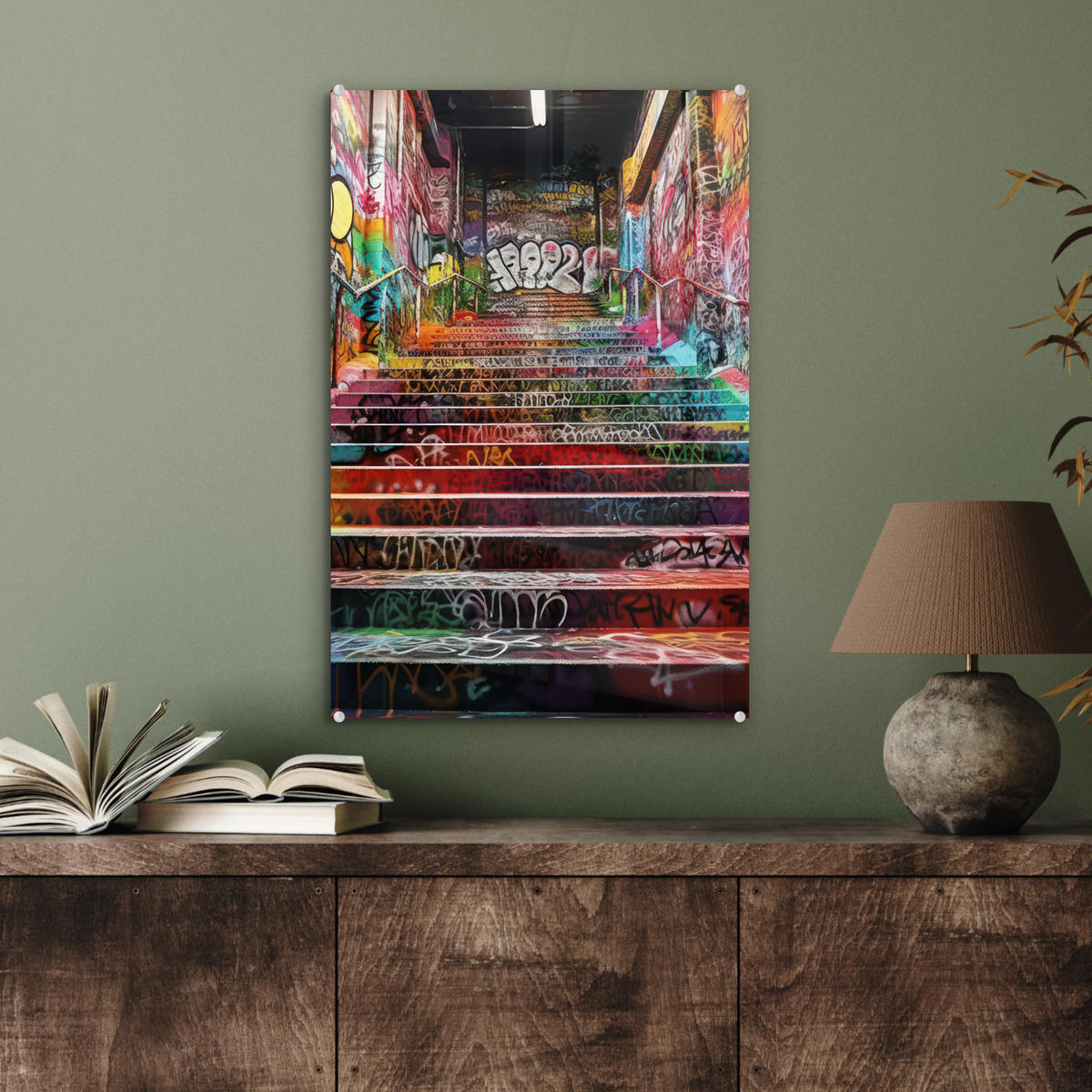ACRYLGLASBILD Treppe - Graffiti - Farben - Kunst 40x60 cm - Multicolor, Glas (40/60cm) - MuchoWow