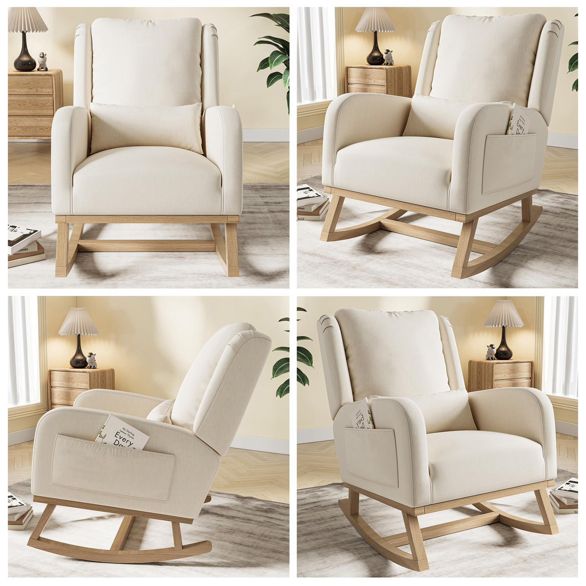 SCHAUKELSTUHL BEIGE LEINEN KISSEN SEITENTASCHEN STABILITÄT - Beige, Holzwerkstoff (93/96/52cm) - SHOPENTRA