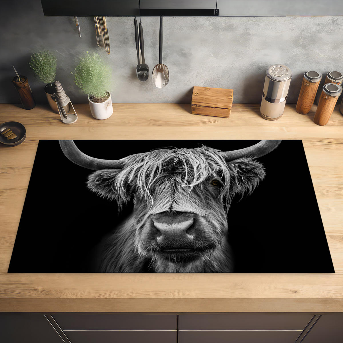 HERDABDECKPLATTE Schottischer Highlander - Hörner - Schwarz - Weiß - Kuh - Wild - Tiere Ceranfeldabdeckung 90x52 cm - Schwarz, Kunststoff (90/52/0.2cm) - MuchoWow