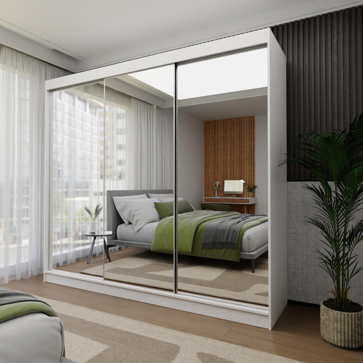 SCHWEBETÜRENSCHRANK BELLINA 240/216/61cm 3-türig mit Spiegel Weiß - Weiß, Holzwerkstoff (240/216/61cm) - MASSENO