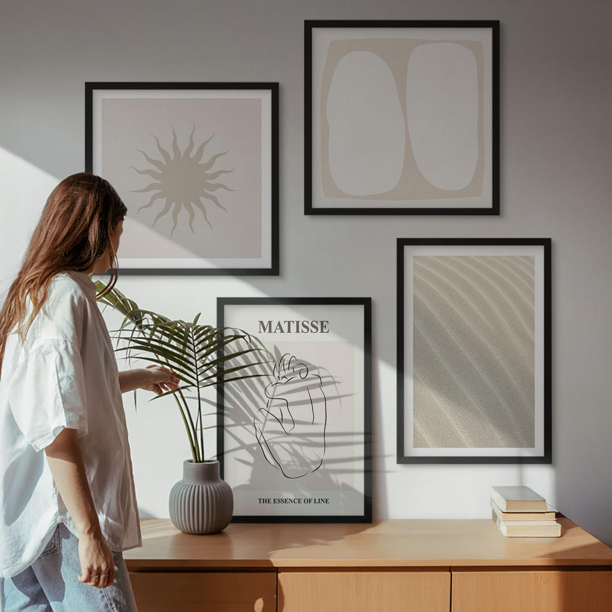 BILDER SET 4er Set - 50x50 cm & 40x60 cm Schwarzer Rahmen - Minimalistische Sandwellen - Schwarz, Kunststoff (50/50cm) - TULUP