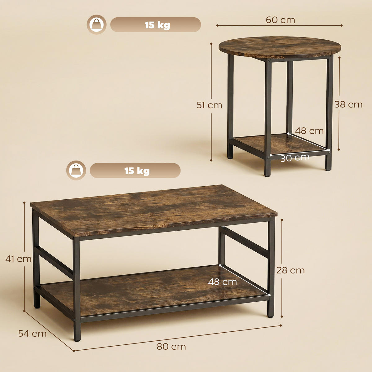 COUCHTISCH 2er Set Stahl Holzwerkstoff Rustikal-Braun - Schwarz/Braun, Holzwerkstoff (80/54/41cm) - HOMCOM