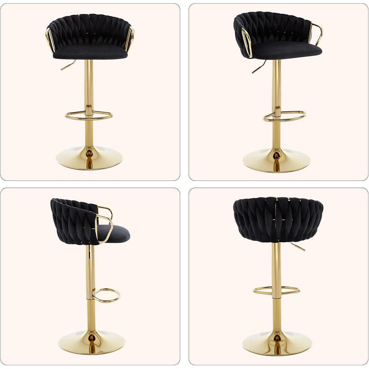 BARHOCKER 2er-Set Samt Schwarz höhenverstellbar drehbar mit geflochtener Rückenlehne und goldener Fußstütze - Schwarz, Textil (42/100/39cm)