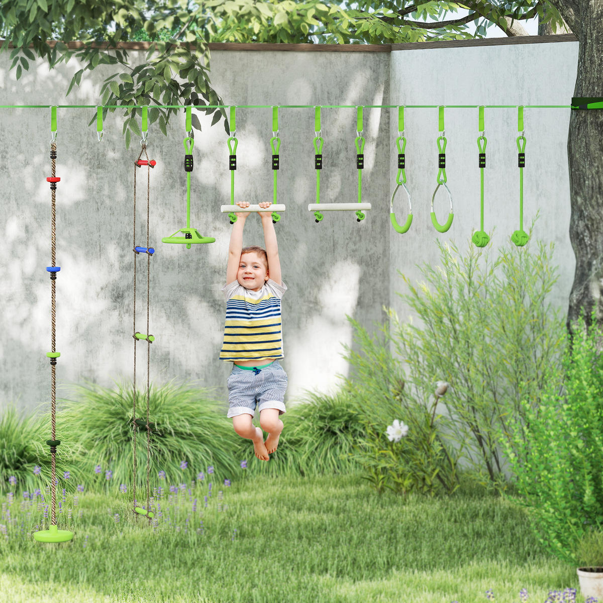 NINJA Warrior Hindernisparcours für Kinder 10 m Ninja Slackline Kit Grün - Grün, Kunststoff (5/1000cm) - AIYAPLAY