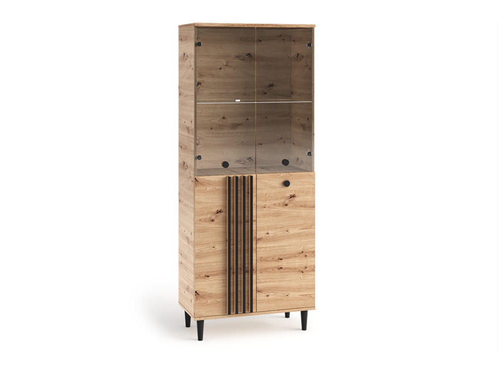 VITRINE Laura III 80 cm 4-türig mit Lamellen und Holzbeine, eiche artisan, schwarz - Schwarz/Eiche Artisan, Holz/Kunststoff (80/196/40cm) - Margaret Hadas24