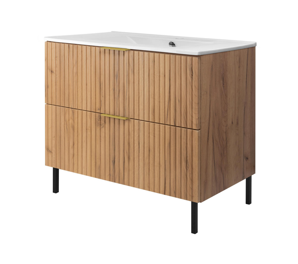 WASCHBECKUNTERSCHRANK, Eiche Craft, 80 x 77 x 46 cm, goldener Griff, schwarze Beine, ohne Arbeitsplatte - Eichefarben/Goldfarben, Holzwerkstoff (80/77/46cm) - 3XE LIVING
