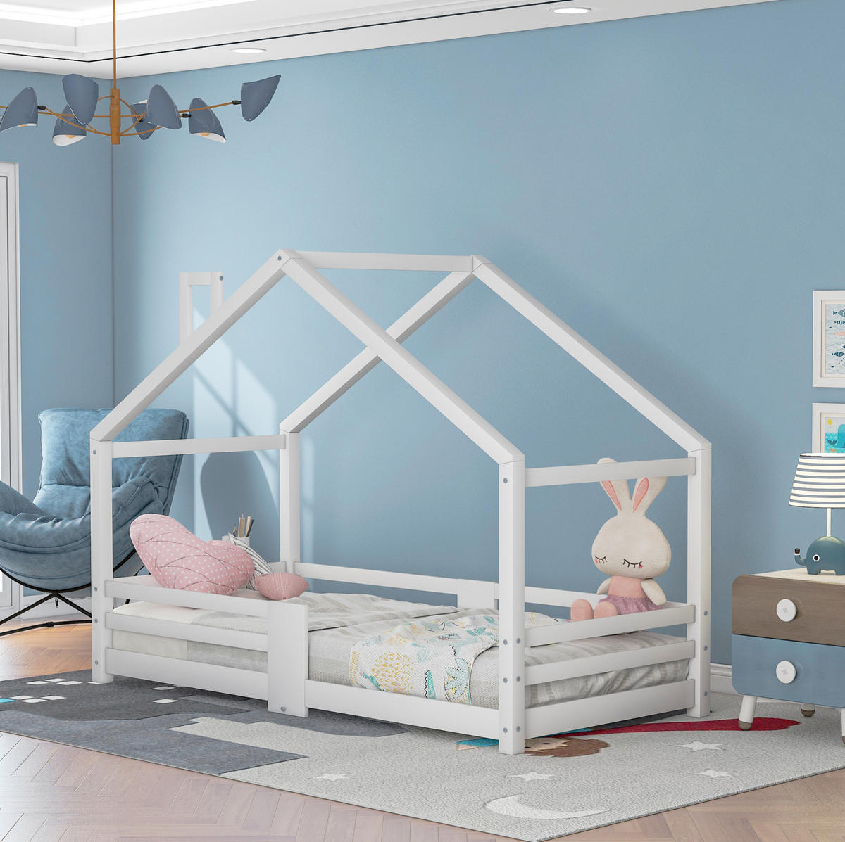 KINDERBETT Kindereinzelbetten 90/200 cm mit Rausfallschutz, Lattenrost und Schornstein-Design aus Kiefernholz, Weiß - Weiß, Holz (90/90cm) - Redom