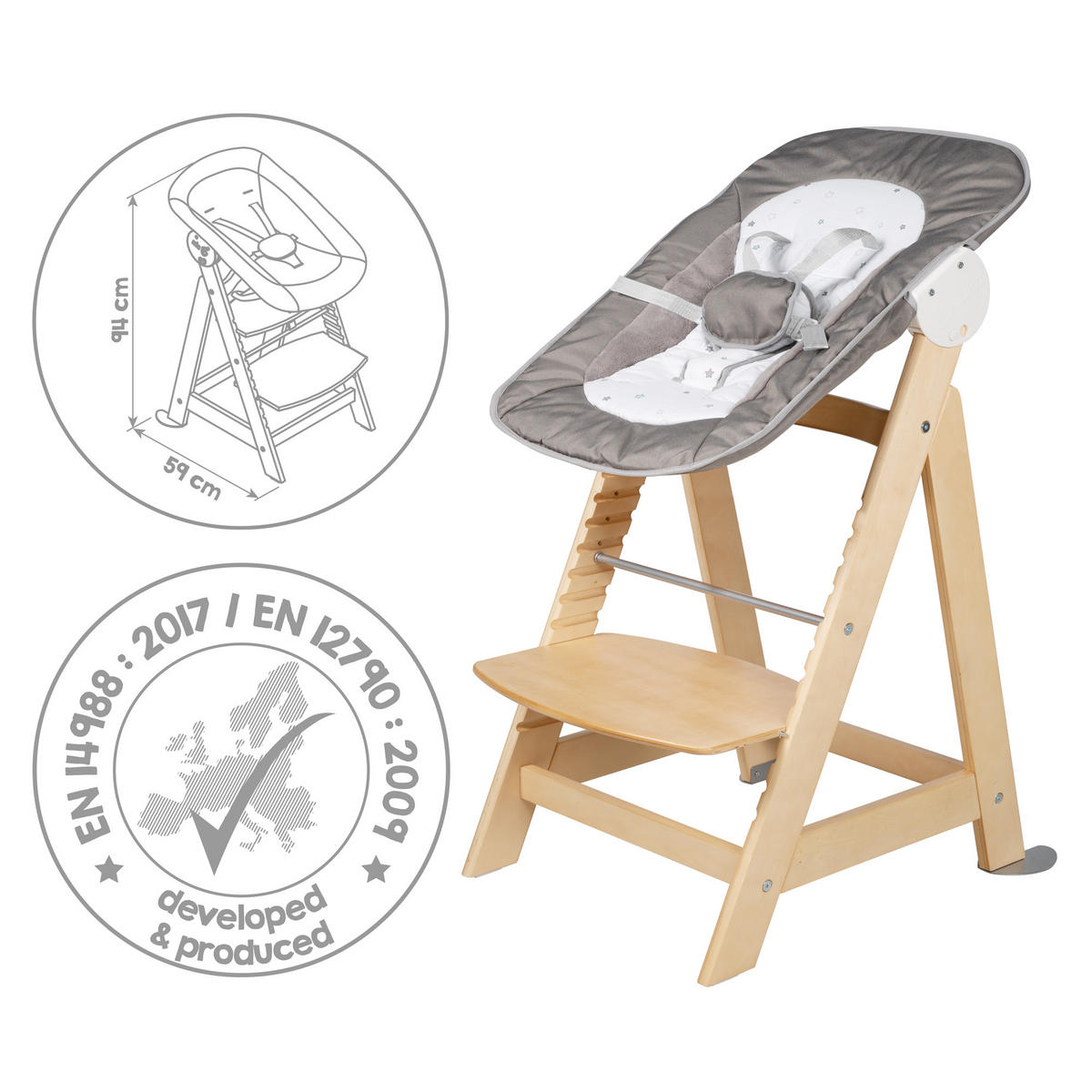 BABYHOCHSTUHL Born Up mit Neugeborenenaufsatz Natur - Naturfarben, Holzwerkstoff/Textil (46/94/66.5cm) - Roba