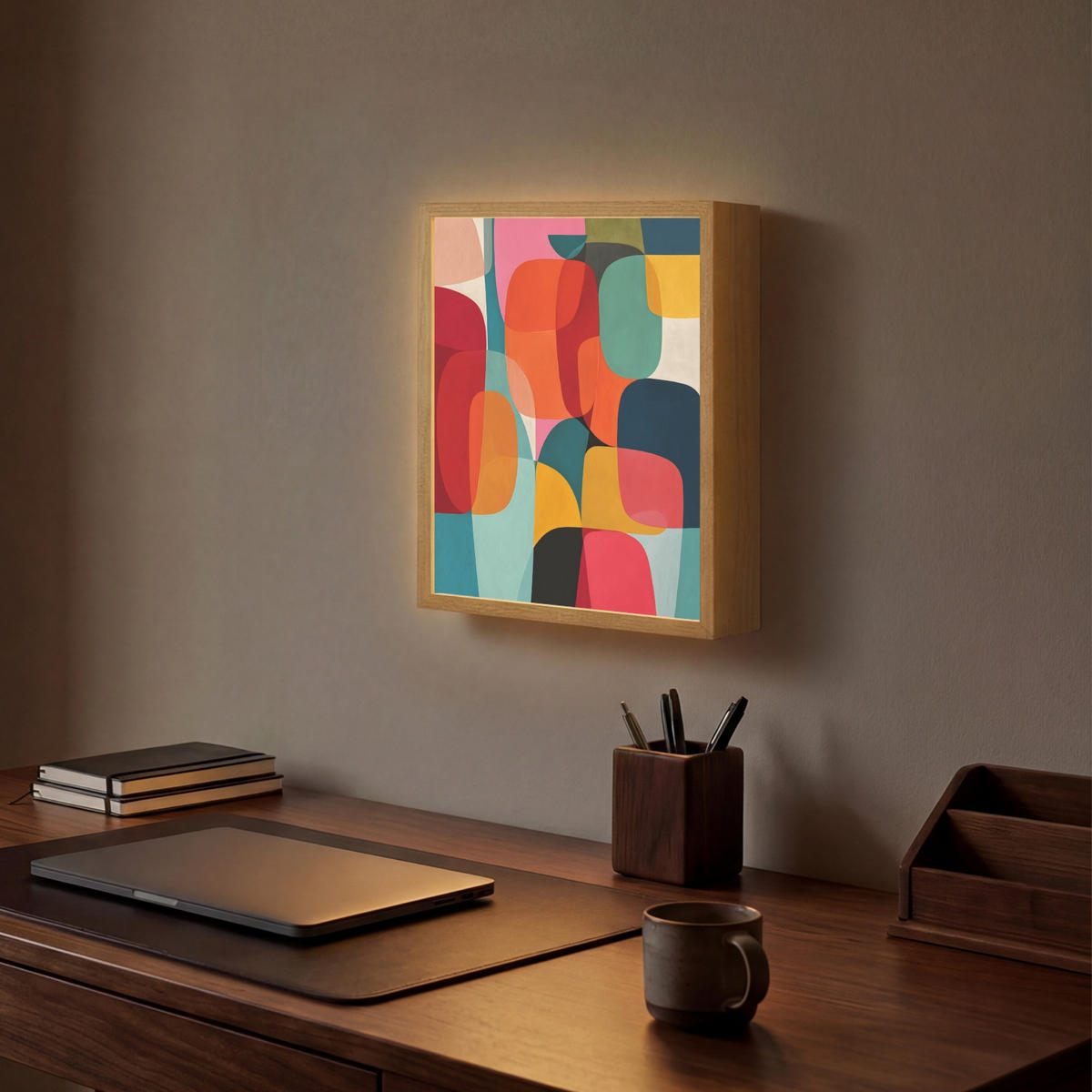 NÁSTĚNNÁ LAMPA S AKUMULÁTOREM Tvary - barevné - abstraktní - letadla 30x40 cm - různobarevná, kompozitní dřevo (30/40/8cm) - OnlyWow