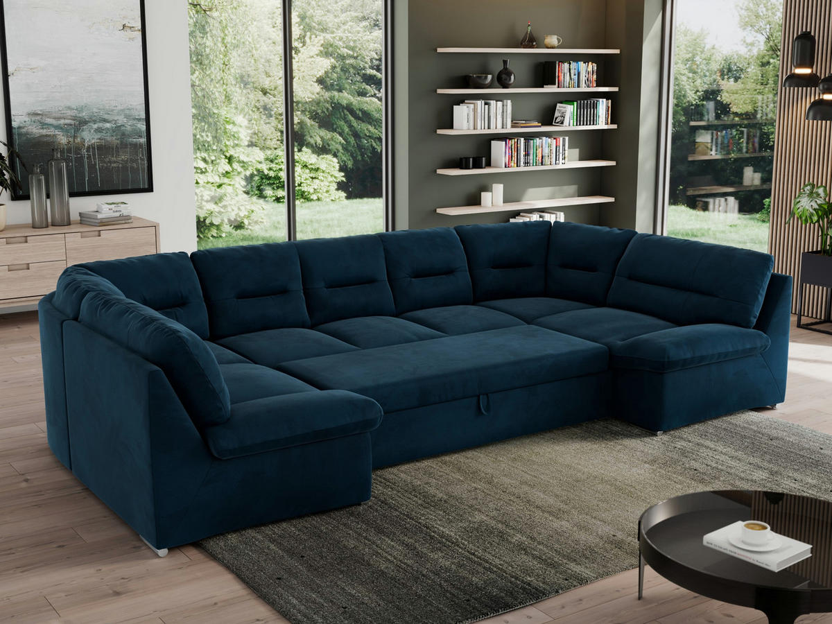 WOHNLANDSCHAFT MORBIDO U Dunkelblau Velvet - Silberfarben/Dunkelblau, Textil/Metall (340/93/206cm) - MKS
