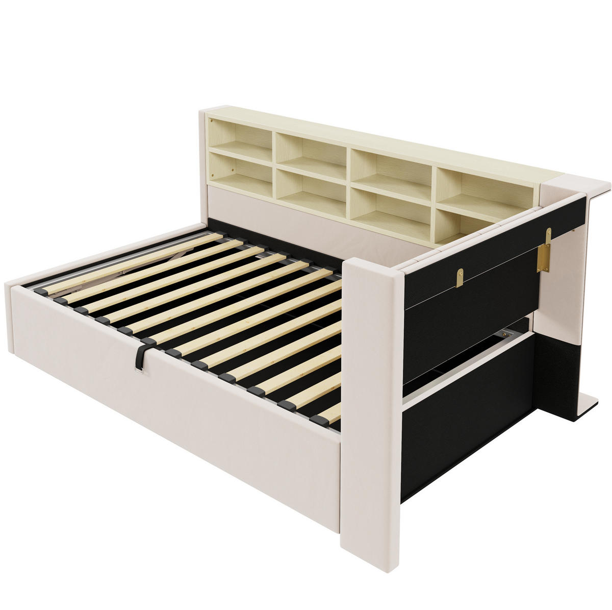 POLSTERBETT 90/200 cm aus Samt mit Nachtlicht, USB-, Typ-C-Anschluss, Bettkasten und Ablagefächern, Beige - Beige, Textil (90/200cm) - Redom