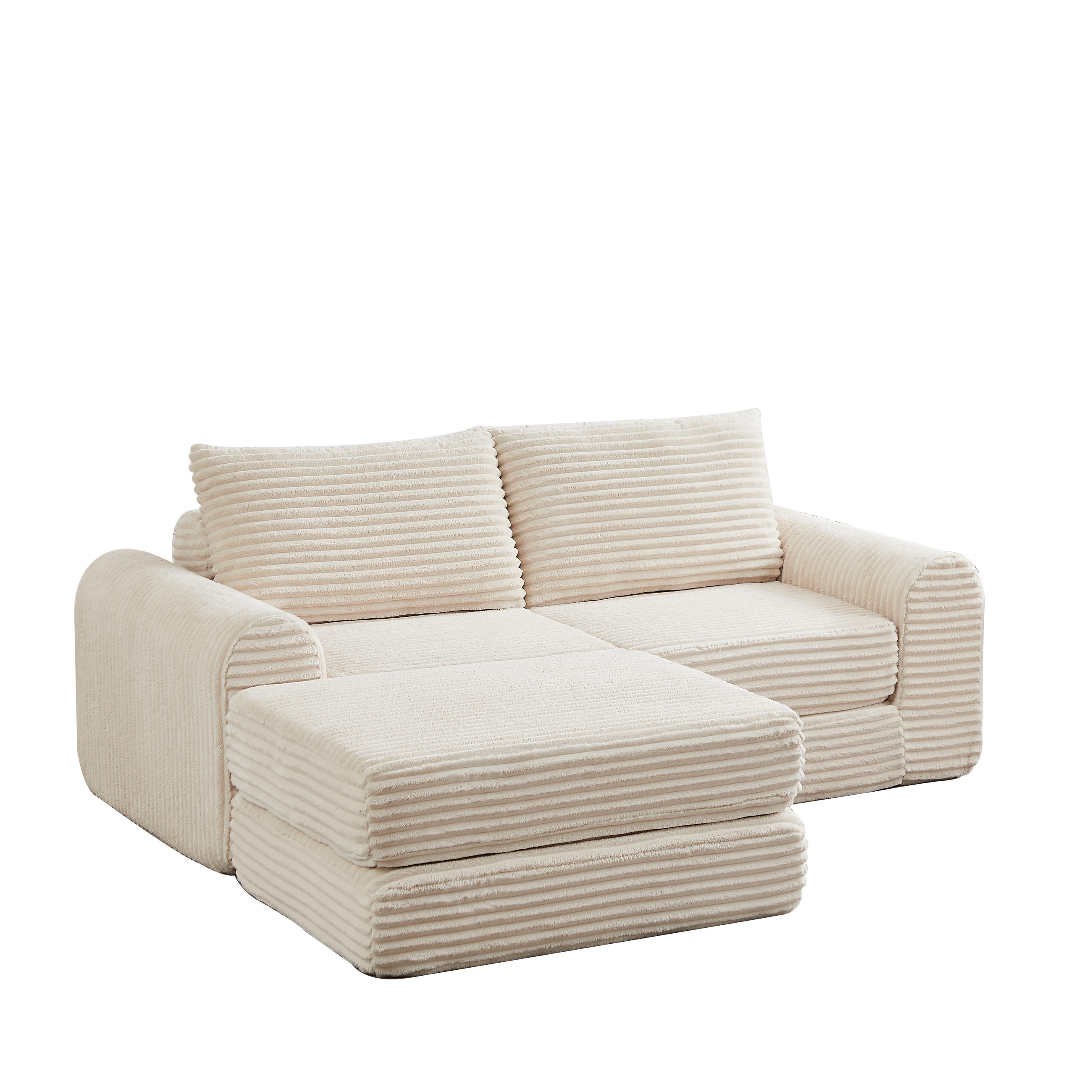 SCHLAFSOFA 2-in-1 aus Cord mit 2 Kissen und Hocker - Beige, Textil (194/53/243cm)