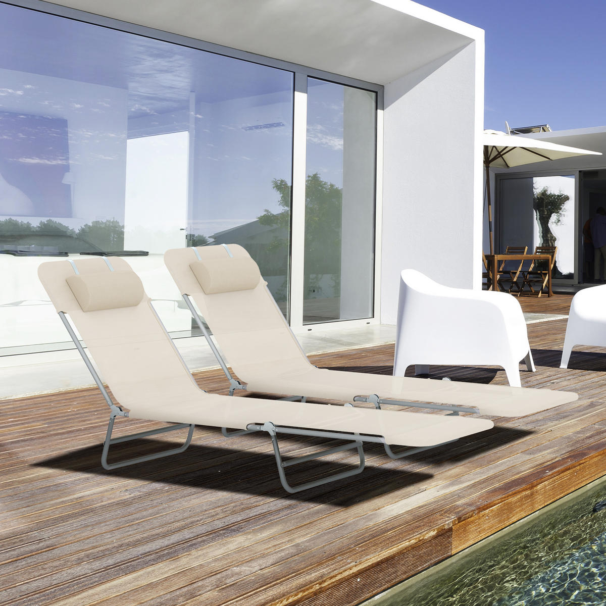 SONNENLIEGE Set aus 2 klappbaren mit 4-fach verstellbarer Rückenlehne, Beige - Beige, Metall (56/86/137cm) - Vallsero