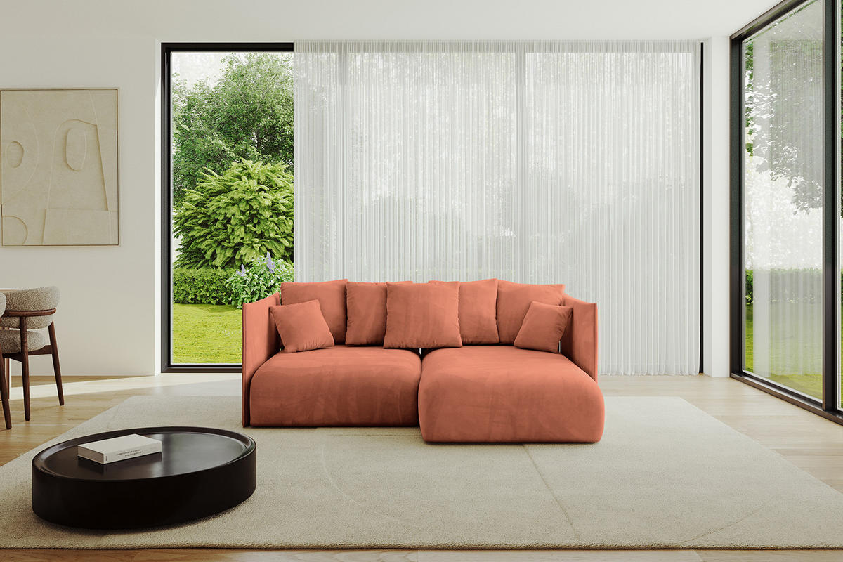 ECKSOFA mit Schlaffunktion und Bettkasten ONESK-L 208x165x40 Apricot Velours - Koralle, Holzwerkstoff/Kunststoff (208/165cm) - ALTDECOR