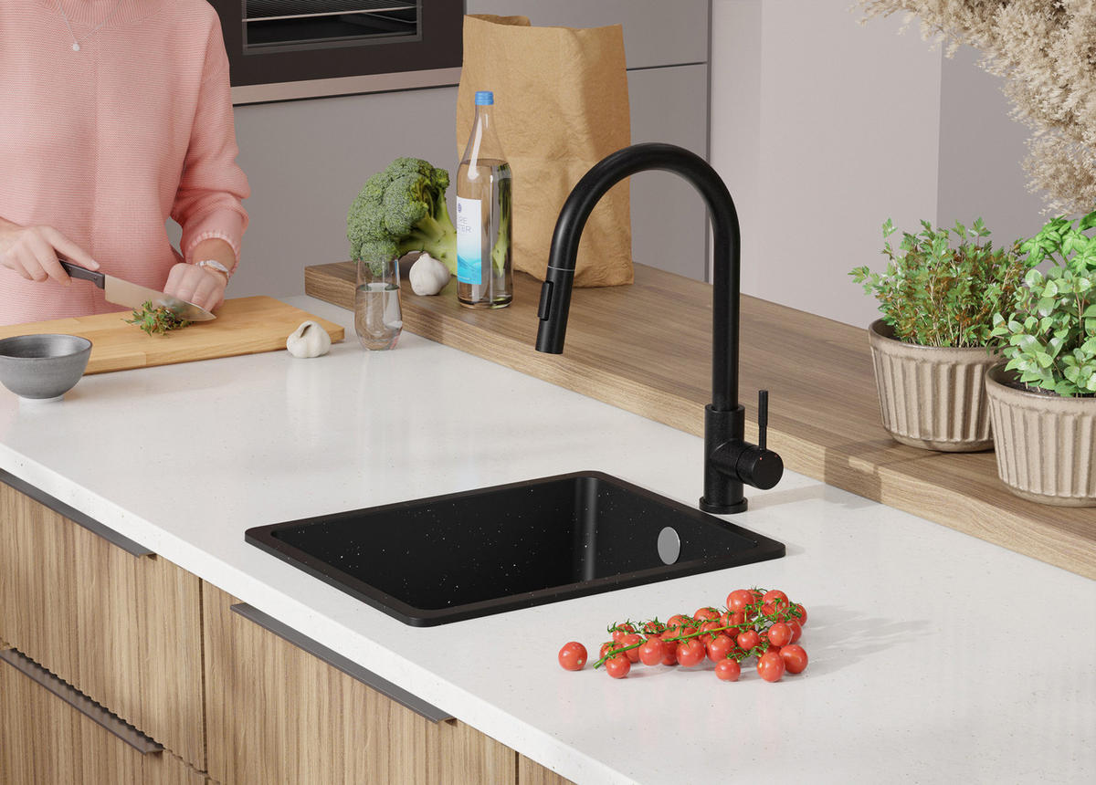 SPÜLBECKEN Venedig Slim Easy, 2-er set Schwarz Metallic 36/44 cm 1 Becken + Ablauf-Set ab 40er Unterschrank - Chromfarben/Schwarz Hochglanz, Kunststoff (36/20/44cm) - Primagran