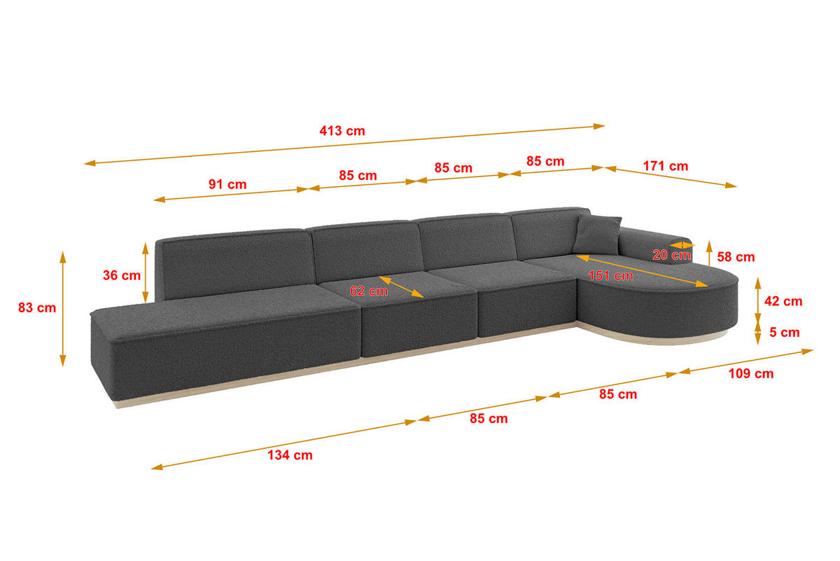 ECKSOFA Ottomane Rechts ARRIO-L3 - 413x171x83 cm Grau - Grau, Holzwerkstoff/Textil (413/171cm) - ALTDECOR