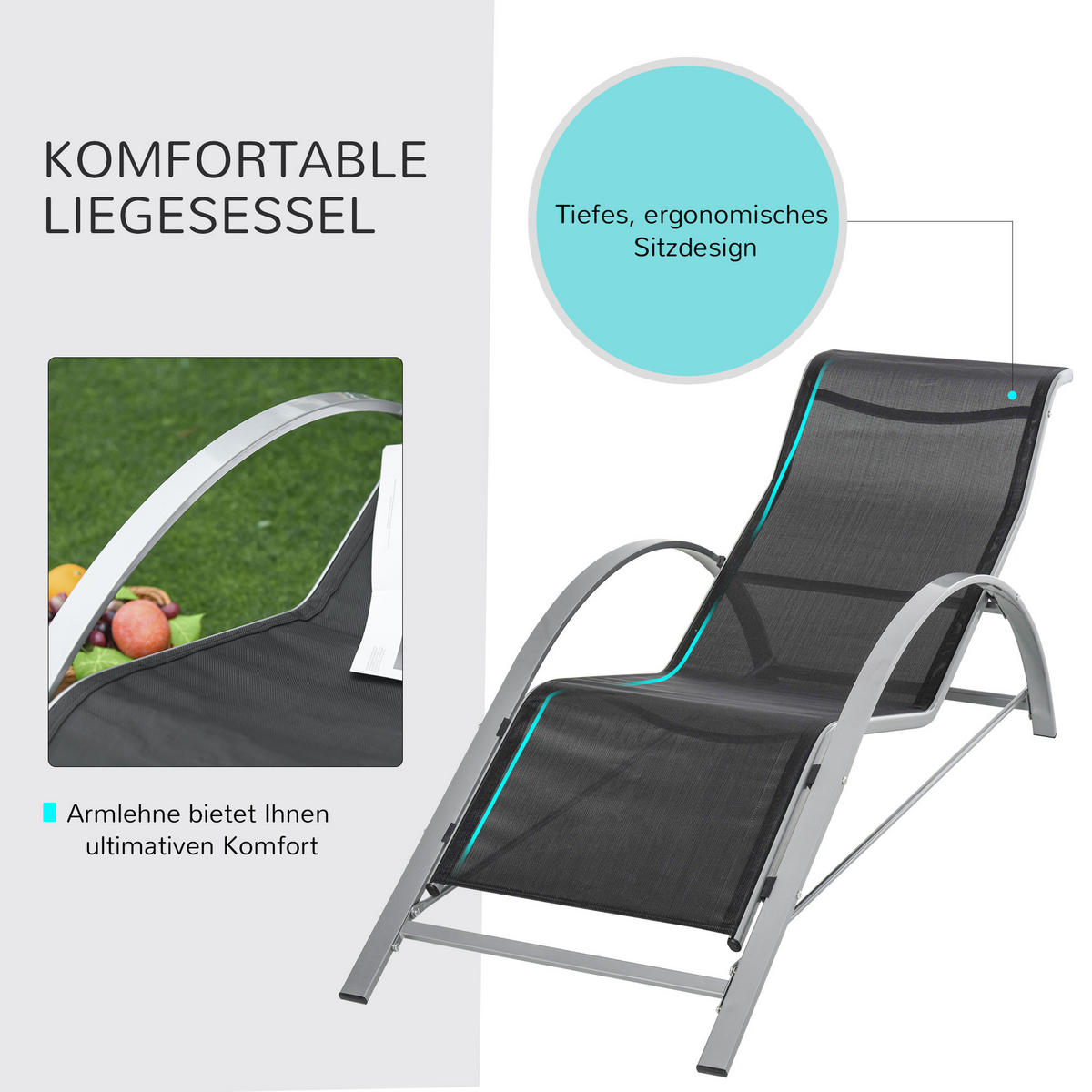 GARTENLIEGE mit Tisch, 59L x 169B x 66H cm, Metall,Mesh, Schwarz+Silber - Schwarz, Kunststoff (59/66/169cm) - Outsunny