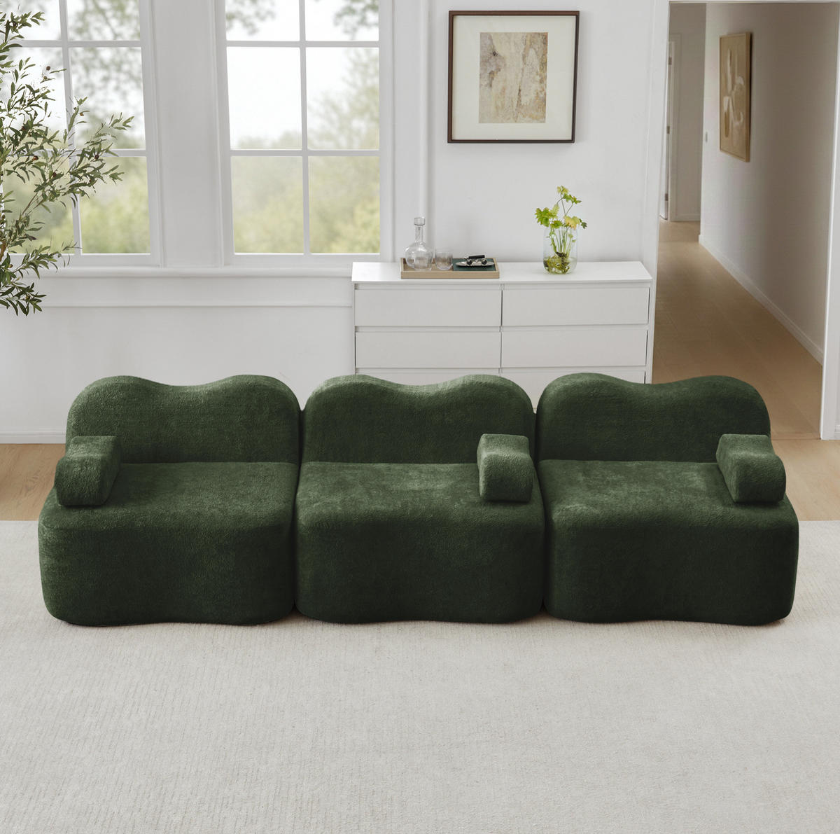 MODULARES 3-Sitzer Sofa mit tiefer Sitzfläche, Wellenform und Samtbezug, Grün - Grün, Textil (288/70/98cm) - Redom