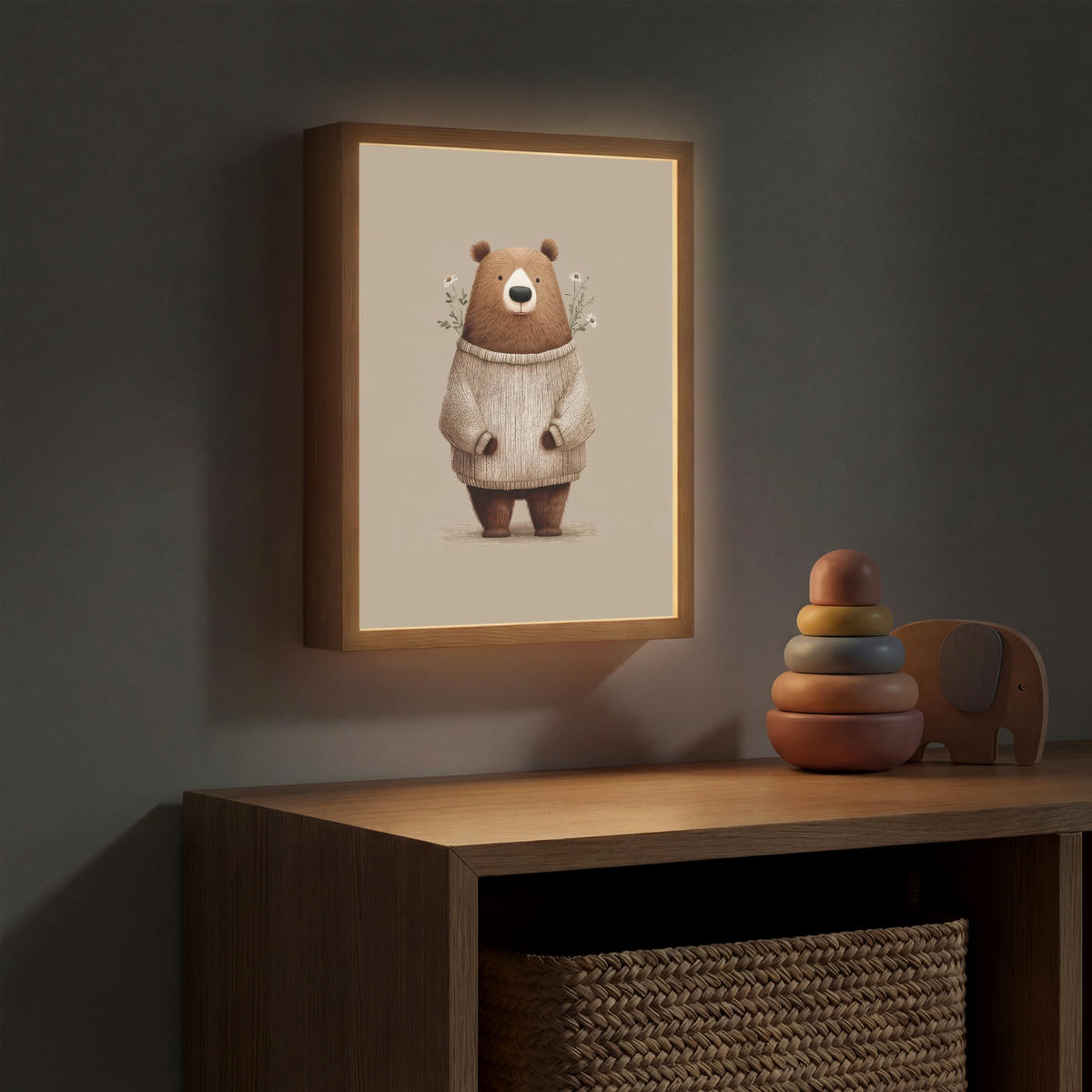 NACHTTISCHLAMPE MIT AKKU Bär - Weiße Blumen - Gemütlich 30x40 cm - Taupe, Holzwerkstoff (8/30/40cm) - OnlyWow