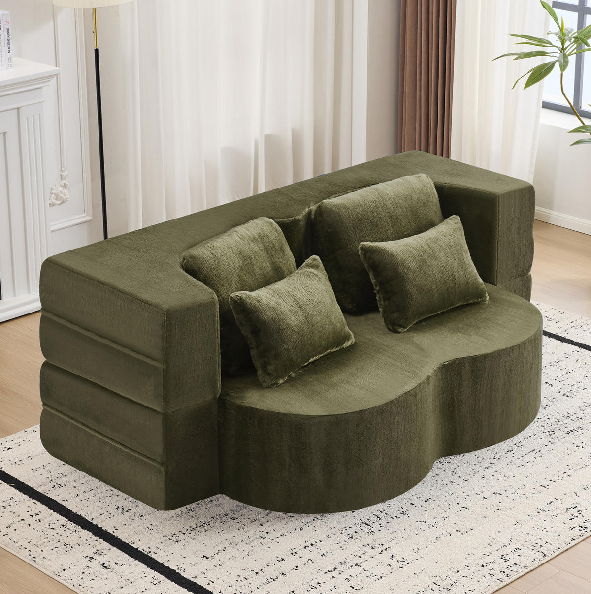 SCHLAFSOFA 2-in-1 Wellenprofil Grün mit 4 Kissen - Grün, Kunststoff (60/76/198cm) - Meubliv