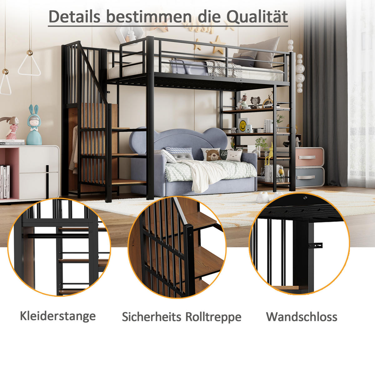 HOCHBETT aus Metall und MDF 90x200 cm Schwarz mit Treppe, Stauraum, Kleiderschrank und hohem Schutzgitter - Schwarz, Metall (140/200cm) - Modfu
