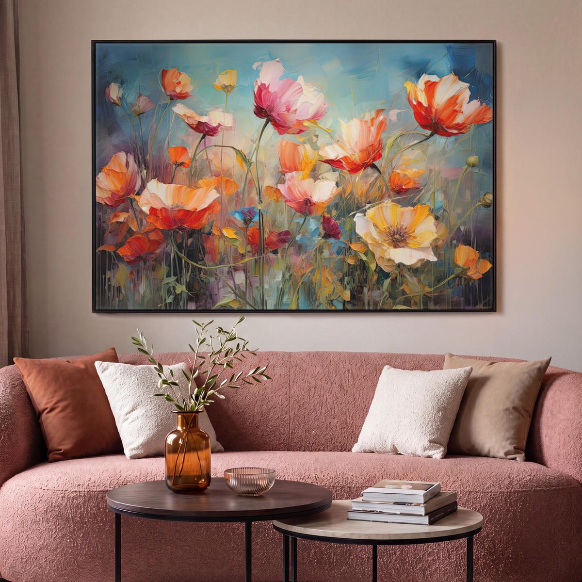 LEINWAND Bilder mit Rahmen - Blumen - Aquarell - Kunst - Botanisch - Natur - 120x80 - Orange, Textil (120/80cm) - MuchoWow