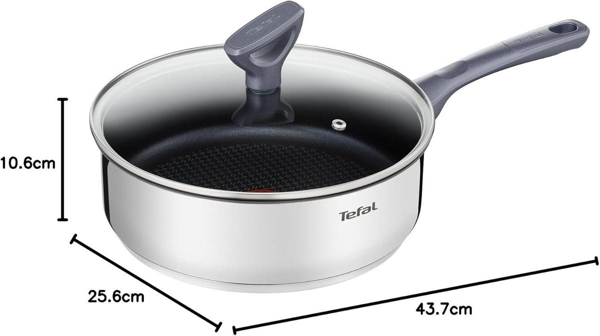 SAUTEUSE G7133214 Dailycook 24 cm Edelstahl 18/10 Antihaft Induktion mit Glasdeckel Thermo-Spot - Silberfarben, Glas/Metall (24cm) - Tefal