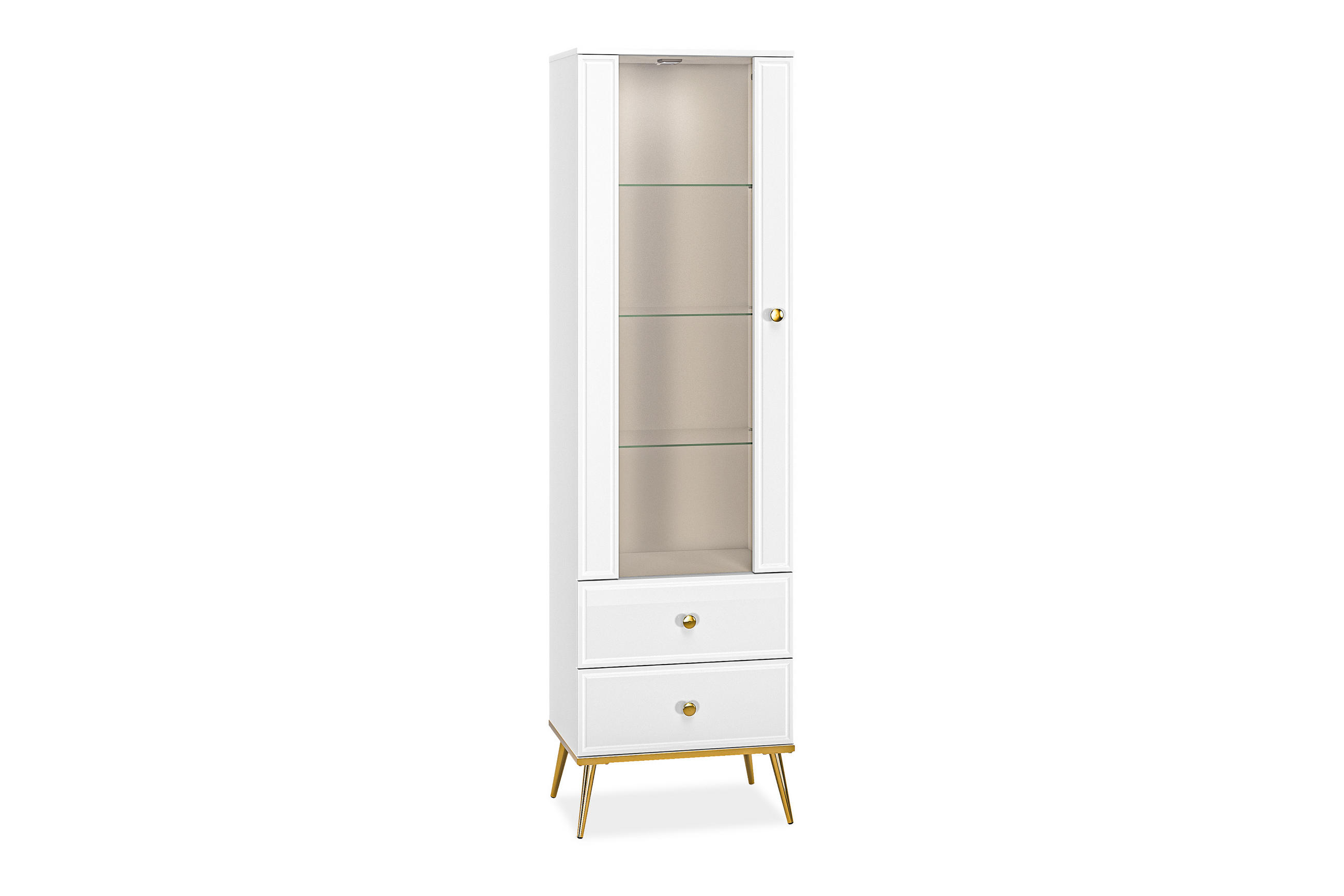 VITRINENSCHRANK ISORIA mit Beleuchtung, Glas Weiß - Goldfarben/Weiß, Holz/Metall (55/190/40cm) - KONSIMO®