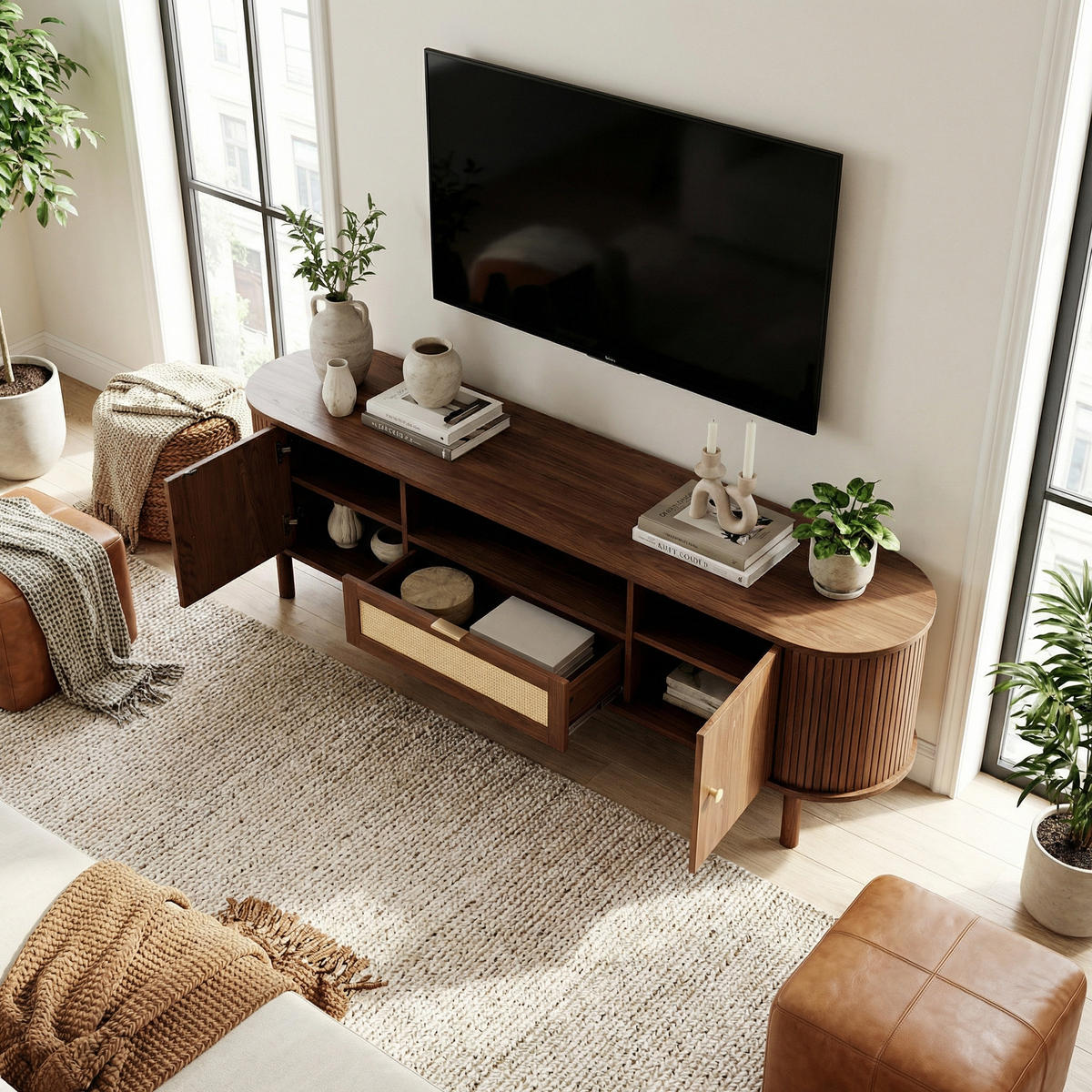 TV-SCHRANK 175 cm Nussbaum MDF mit Rattan-Schublade, offenen Fächern und Runddesign - Walnussfarben, Holzwerkstoff (175/51/36cm) - Urban Meuble