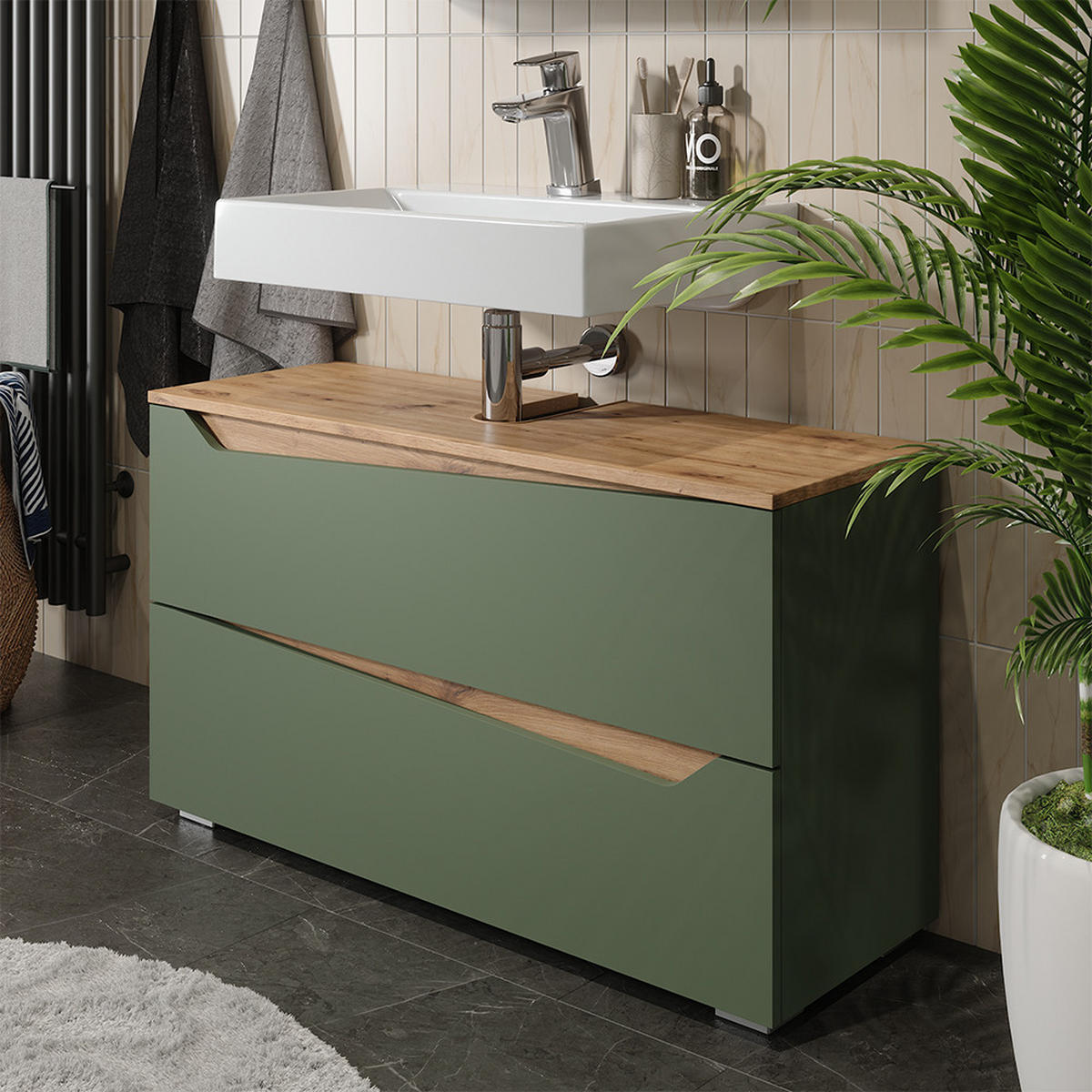 WASCHBECKENUNTERSCHRANK Marelle, Grün/Artisan-Eiche, 100 x 57.5 cm mit 2 Schubladen - Eiche Artisan/Grün, Holzwerkstoff (100/57.5/35cm) - Vicco