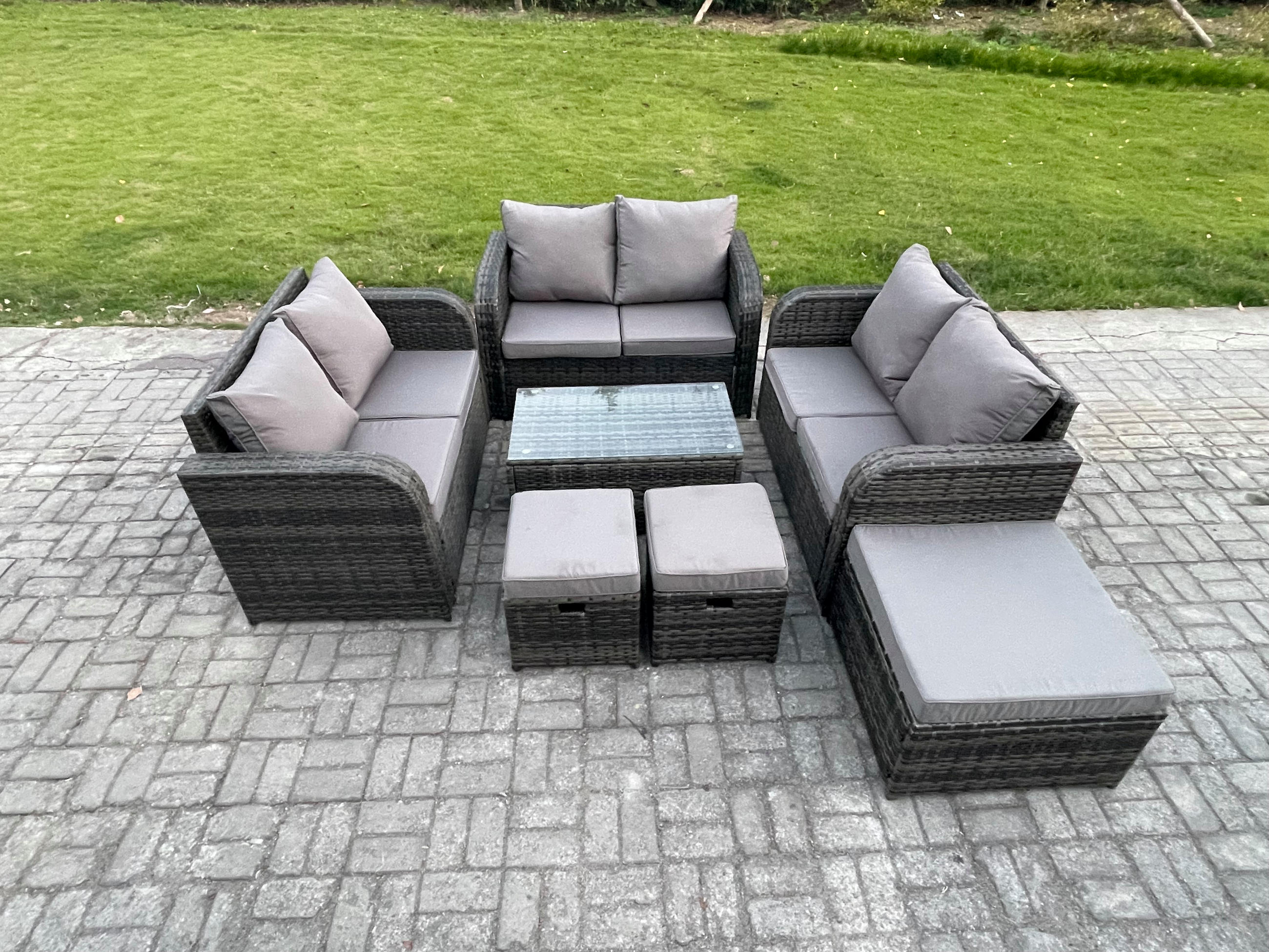 GARTENMÖBELGARNITUR mit KISSEN Polyrattan Dunkelgrau 9-Sitzer - Dunkelgrau/Grau, Glas/Kunststoff - Fimous