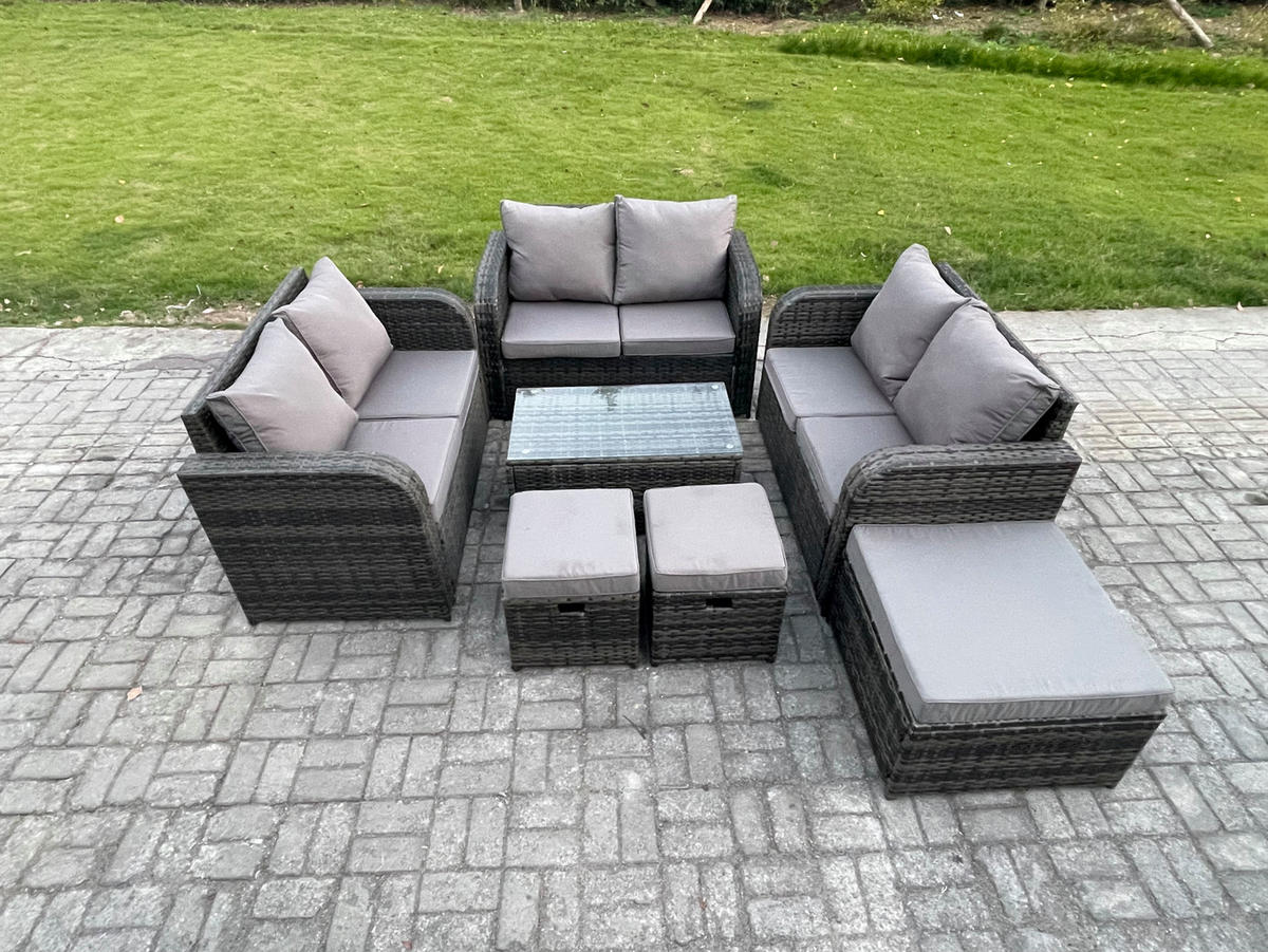 GARTENMÖBELGARNITUR mit KISSEN Polyrattan Dunkelgrau 9-Sitzer - Dunkelgrau/Grau, Glas/Kunststoff - Fimous