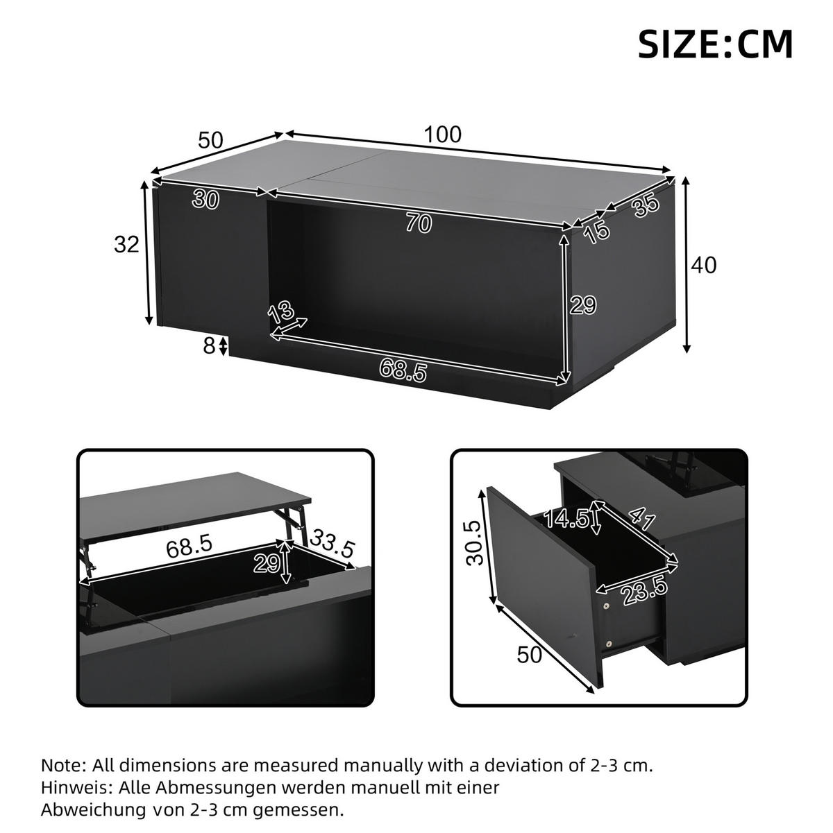 KLUB stolić 100/50/40 cm crni od iverice s podiznom pločom i LED rasvjetom - crna, drvni materijal (100/50/40cm) - OKWISH
