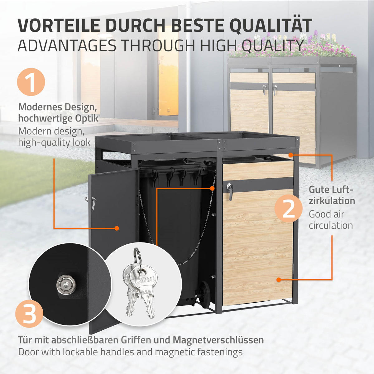 MÜLLTONNENBOX 3er mit Pflanzdach Anthrazit-Lärchenoptik - Hellbraun, Metall (200/124/80cm) - ML-DESIGN