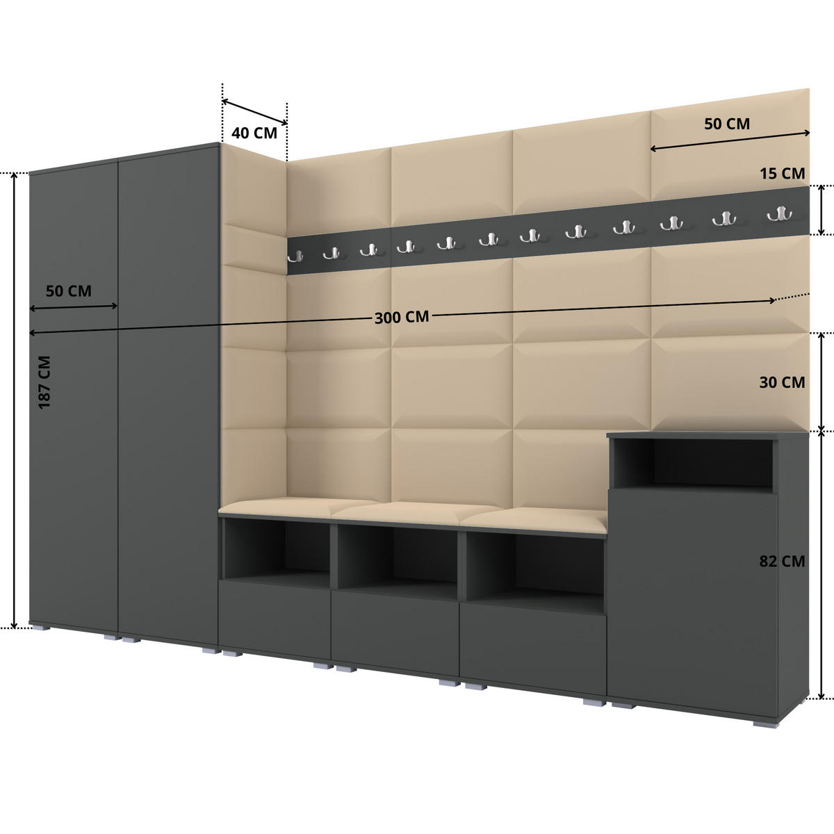 GARDEROBE NELA XII 300 cm (Modulare Flurmöbel Graphit mit Sitzpolster Beige 04 Gigantisches Set) - Beige/Silberfarben, Holz/Holzwerkstoff (300/187/40cm) - Ravio