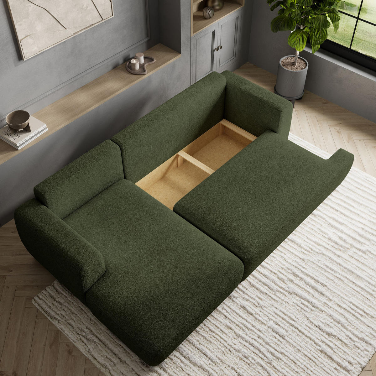 ECKSOFA SENTI N L-S Grün Boucle-Stoff mit Schlaffunktion - Grün, Holz (246/148cm) - MASSENO