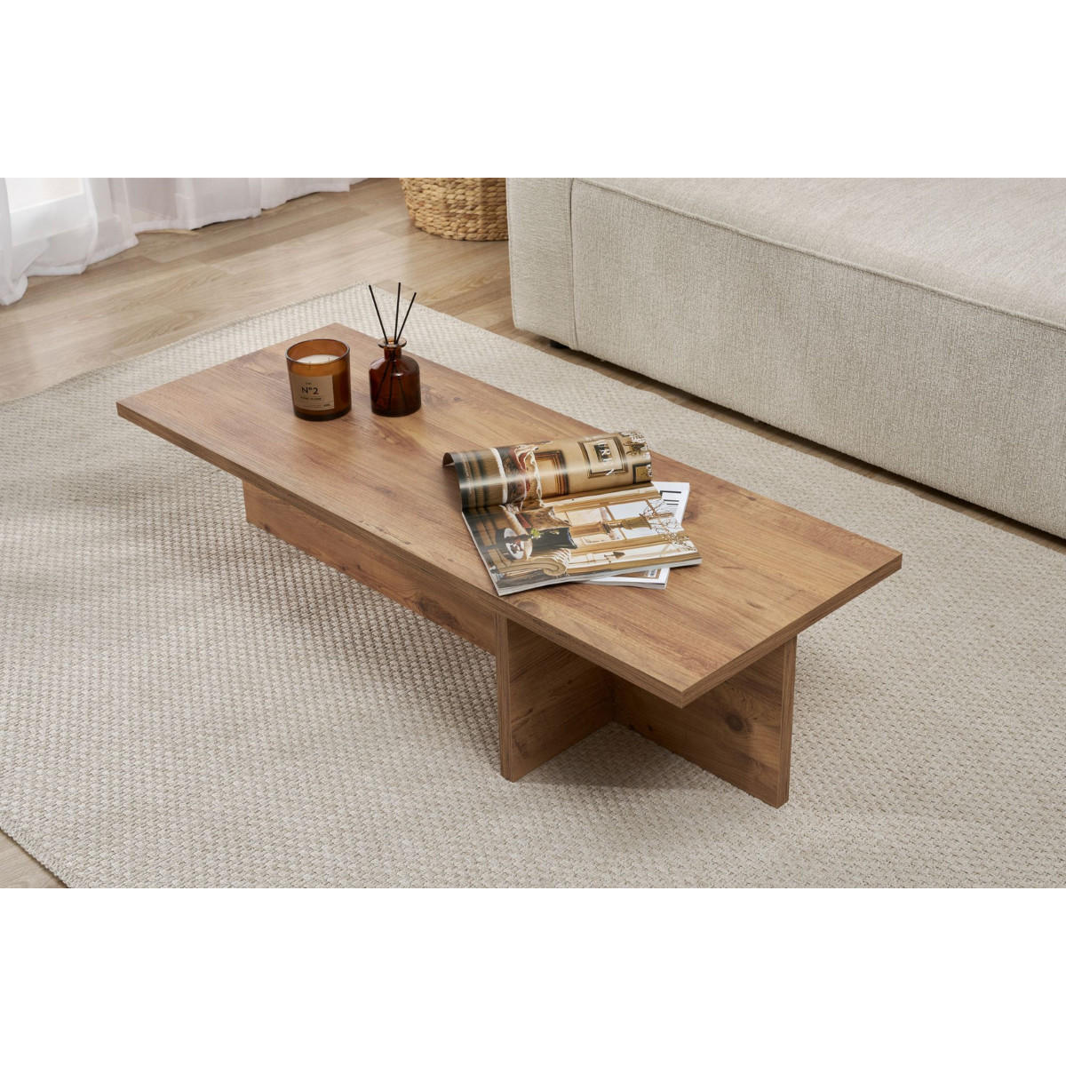 COUCHTISCH mit rechteckiger Platte und asymmetrischem Fuß L120 cm - HARBOR - Eichefarben, Holzwerkstoff (50/45/30cm) - Calicosy