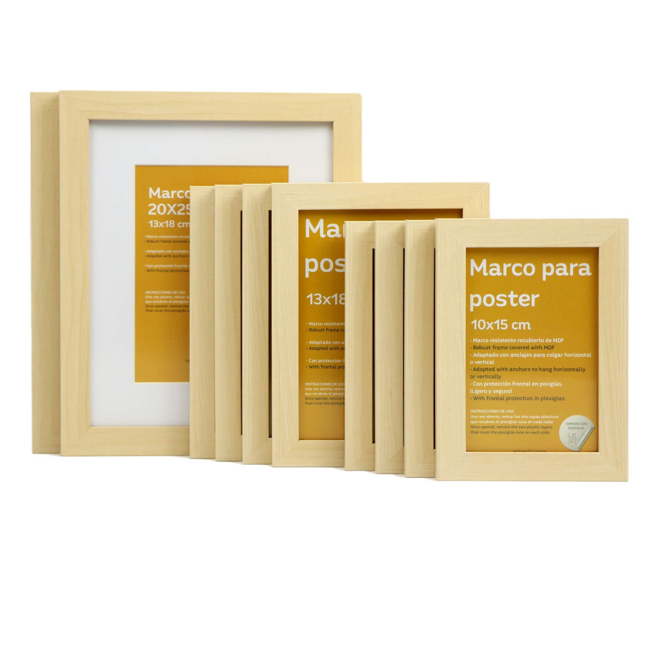 RAHMEN Set mit 10 aus MDF und Acrylglas Schutz und Aussteller für Fotografien, Bilder, Poster, Gemälde Farbe Hellholz 20x25, 13x18, 10x15 cm - Beige, Holz (20/3/25cm) - Nacnic