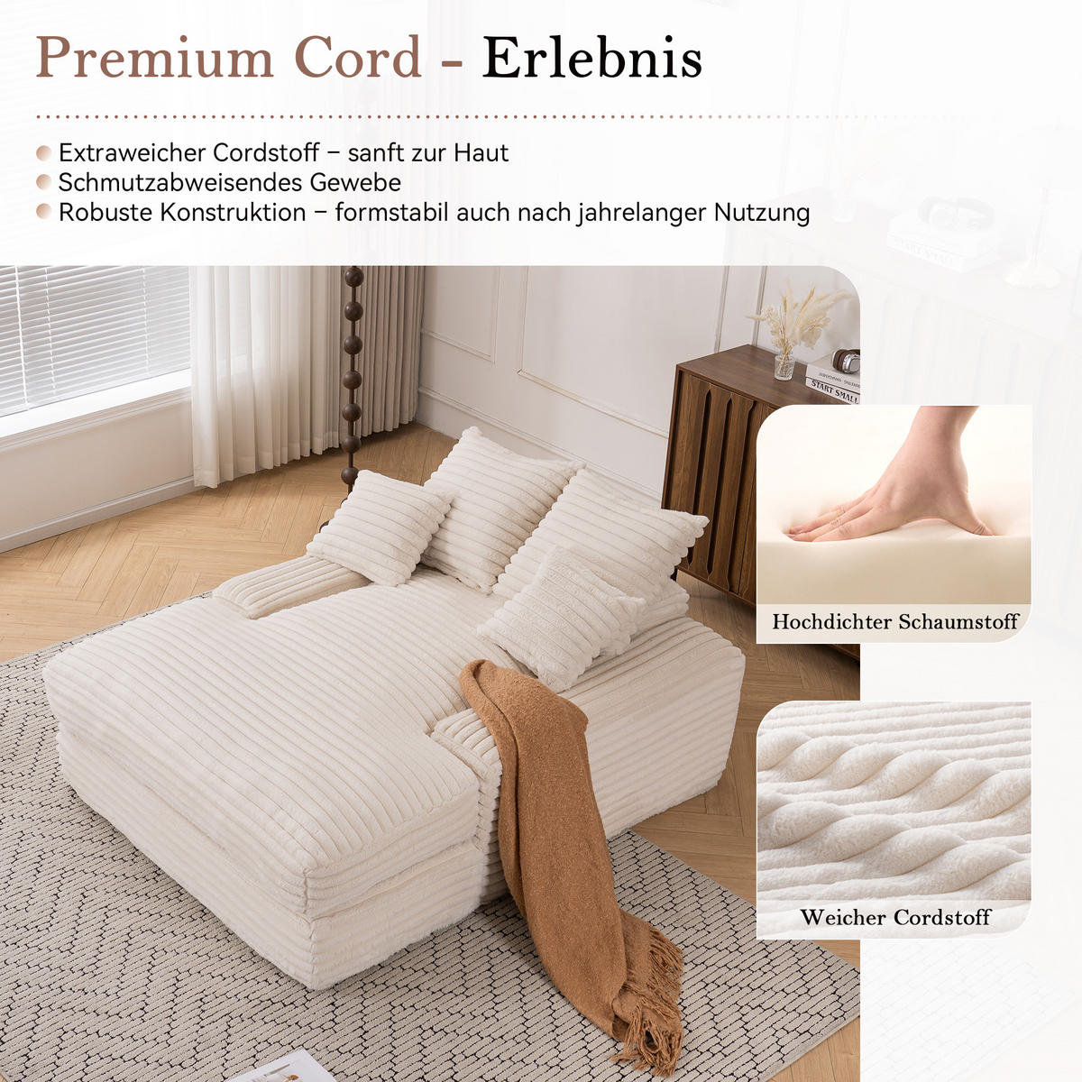 CHAISELONGUE Cordstoff mit Memory-Schaum und 4 Kissen 137/175/63 cm Beige - Beige, Textil (137/63/175cm) - Redom