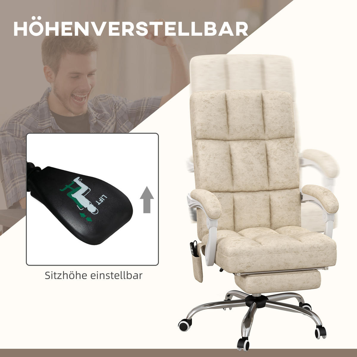 BÜROSTUHL mit Vibrationsmassage Ergonomischer Schreibtischstuhl mit Wärmfunktion - Beige, Kunststoff (74/118/64cm) - Vinsetto