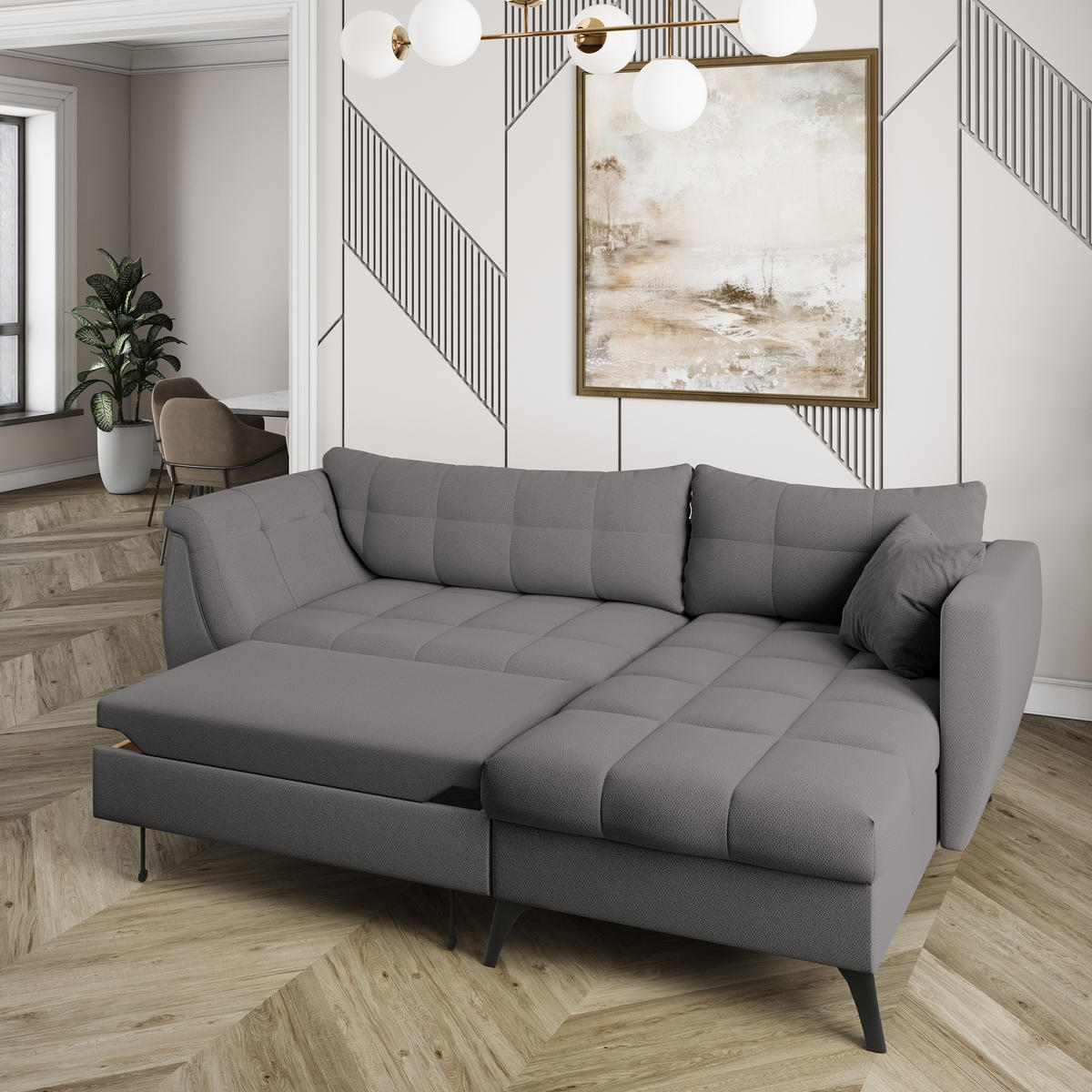 ECKSOFA MOLLIS Grau Geflochtener-Stoff mit Schlaffunktion - Grau, Holz (241/154cm) - MASSENO