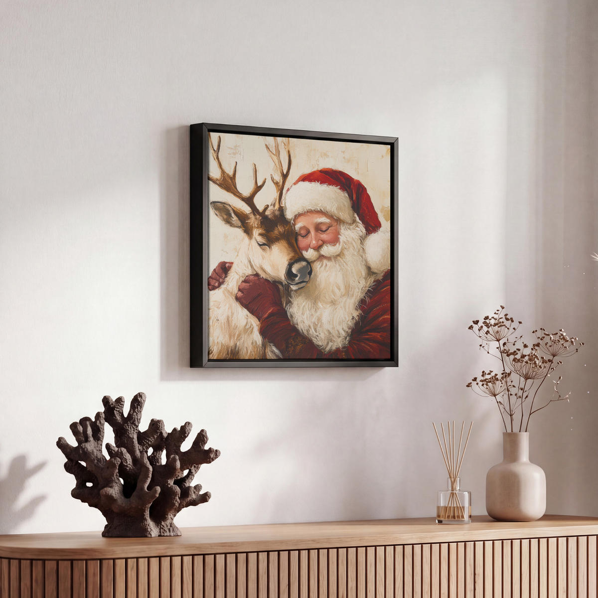 LEINWAND Bilder mit Rahmen - Weihnachtsmann - Rentier - Weihnachten - 20x20 - Rotbraun, Textil (20/20cm) - MuchoWow