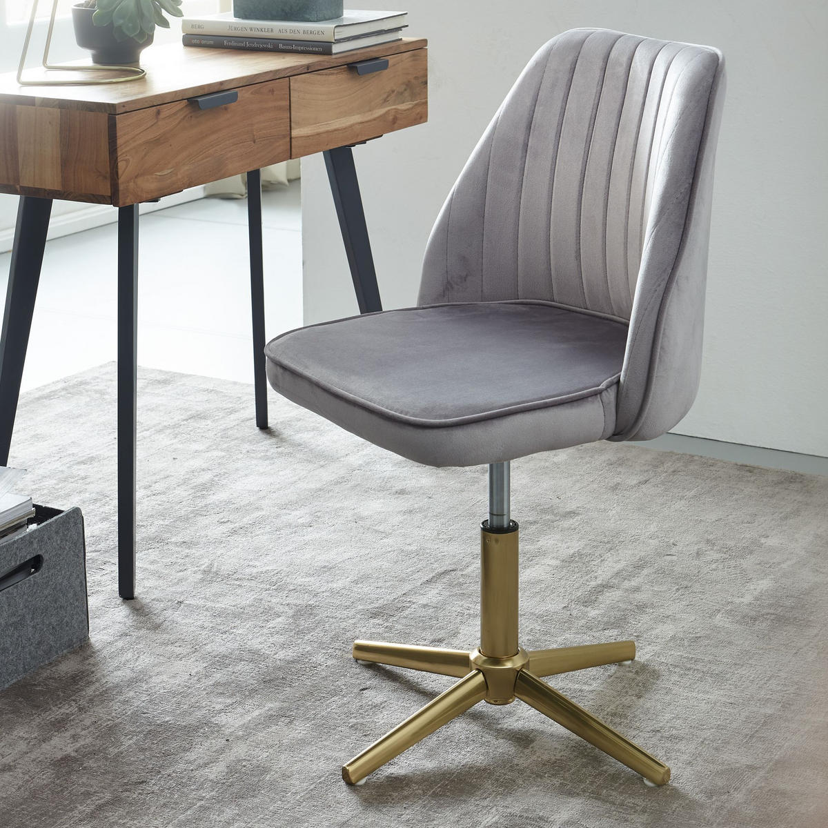 DREHSTUHL Samt mit Höhenverstellung, Eisenfuß und 360° Drehfunktion TANARO, Grau 60x60x100 cm - Goldfarben/Grau, Textil/Metall (60/100/60cm) - KADIMA DESIGN
