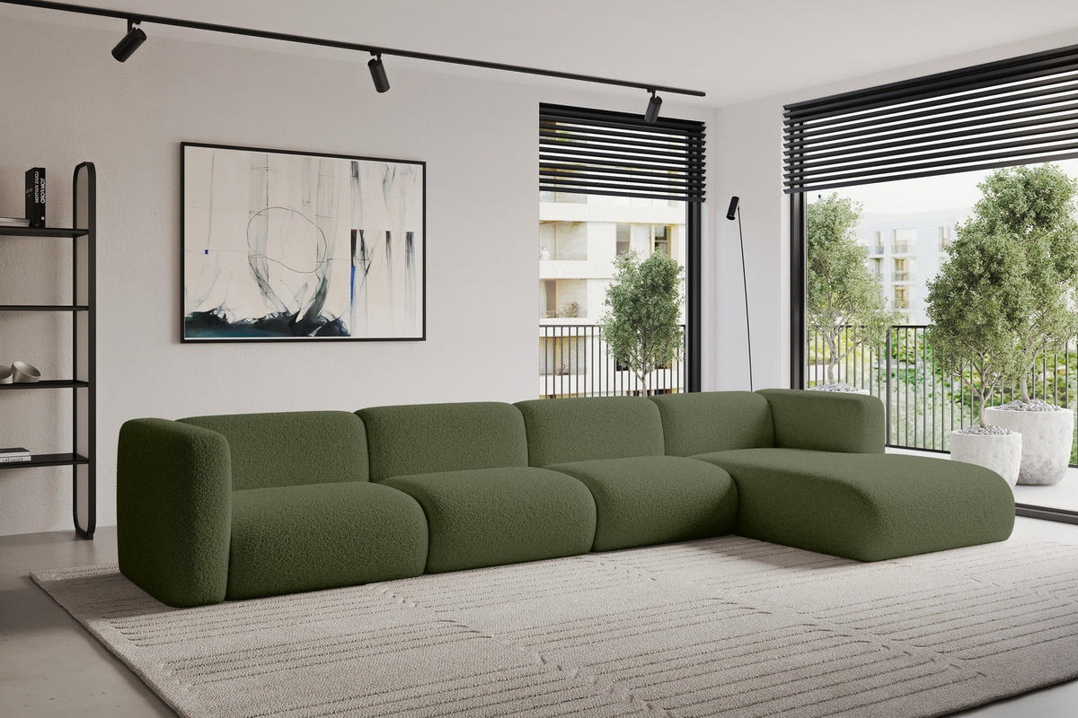 ECKSOFA Ottomane Rechts MIRA-L3 409x179x70 Grün Bouclé - Schwarz/Olivgrün, Holzwerkstoff/Kunststoff (409/179cm) - ALTDECOR