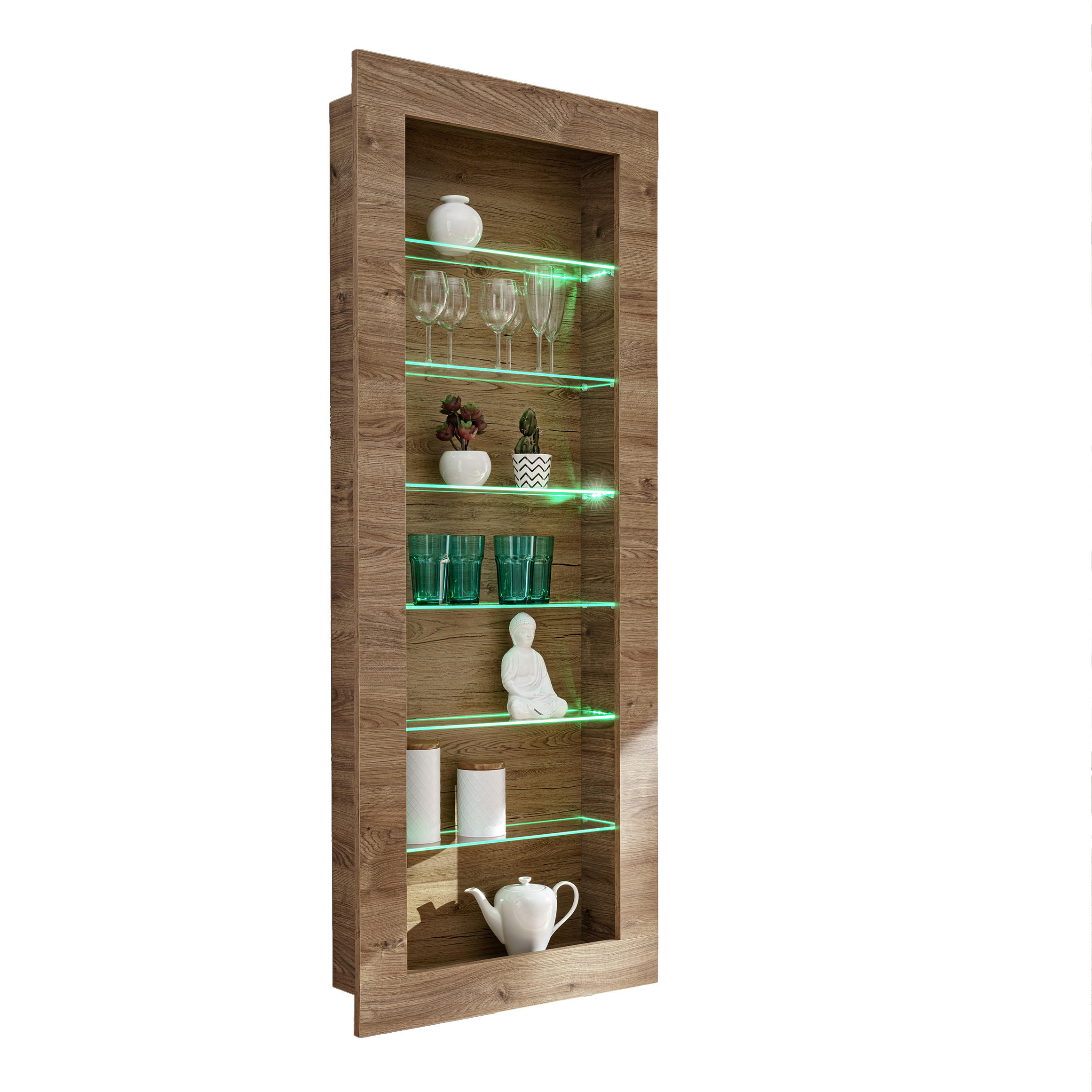 HÄNGEVITRINE COMO, sechs Glasböden, LED mehrfarbige Beleuchtung, Honigeiche/Trüffeleichefarben - Honigeiche/Trüffeleichefarben, Glas/Holzwerkstoff (71/178/19cm) - Komodee