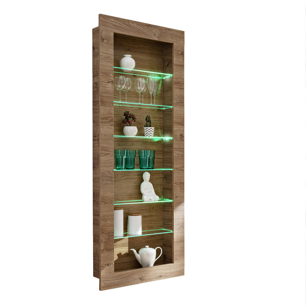 HÄNGEVITRINE COMO, sechs Glasböden, LED mehrfarbige Beleuchtung, Honigeiche/Trüffeleichefarben - Honigeiche/Trüffeleichefarben, Glas/Holzwerkstoff (71/178/19cm) - Komodee