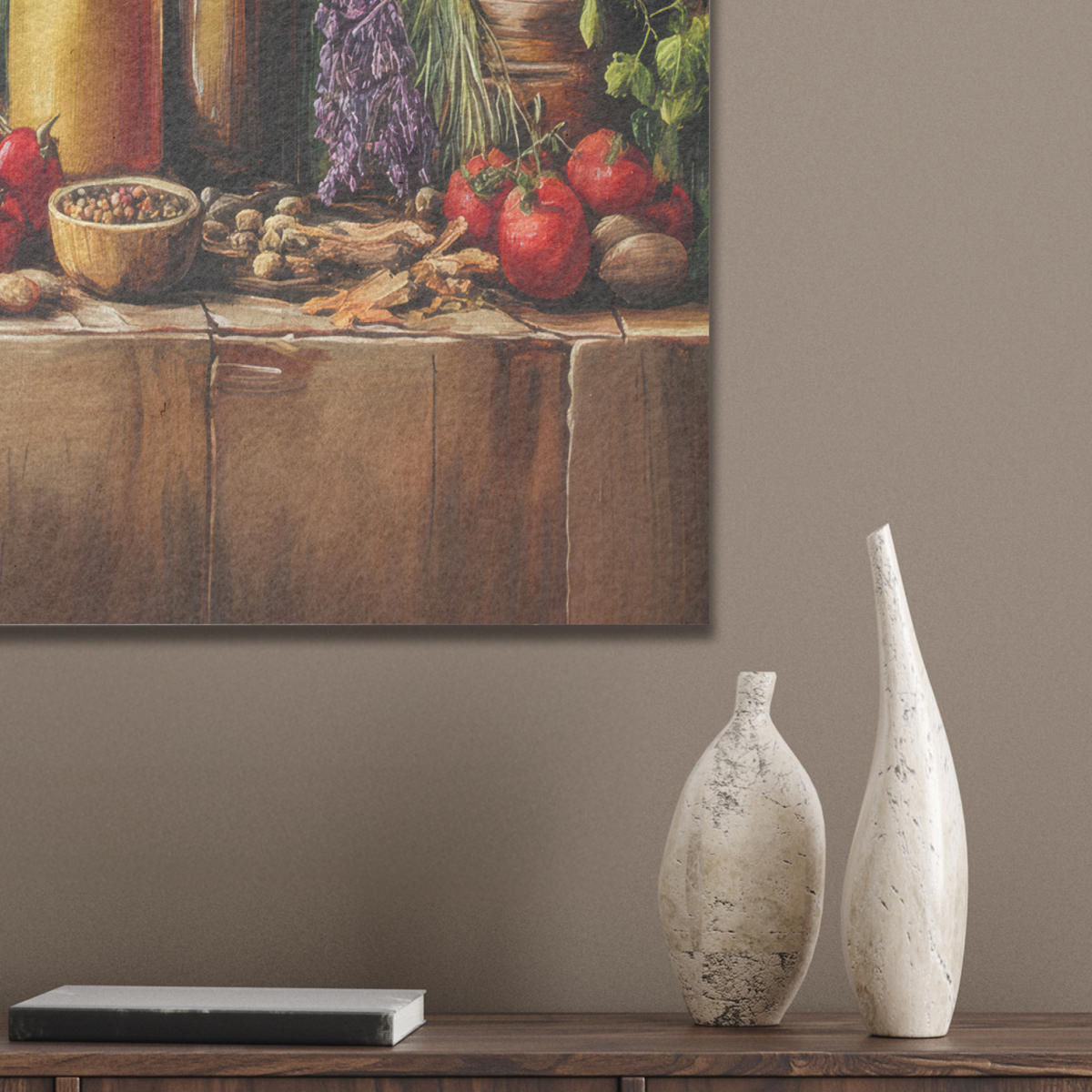 AKUSTIKBILD Stilleben - Kräuter - Gewürze - Früchte - Farbenfroh Kunstdruck Schlafzimmer 50x70 cm - Grün, Kunststoff (50/70/0.9cm) - MuchoWow