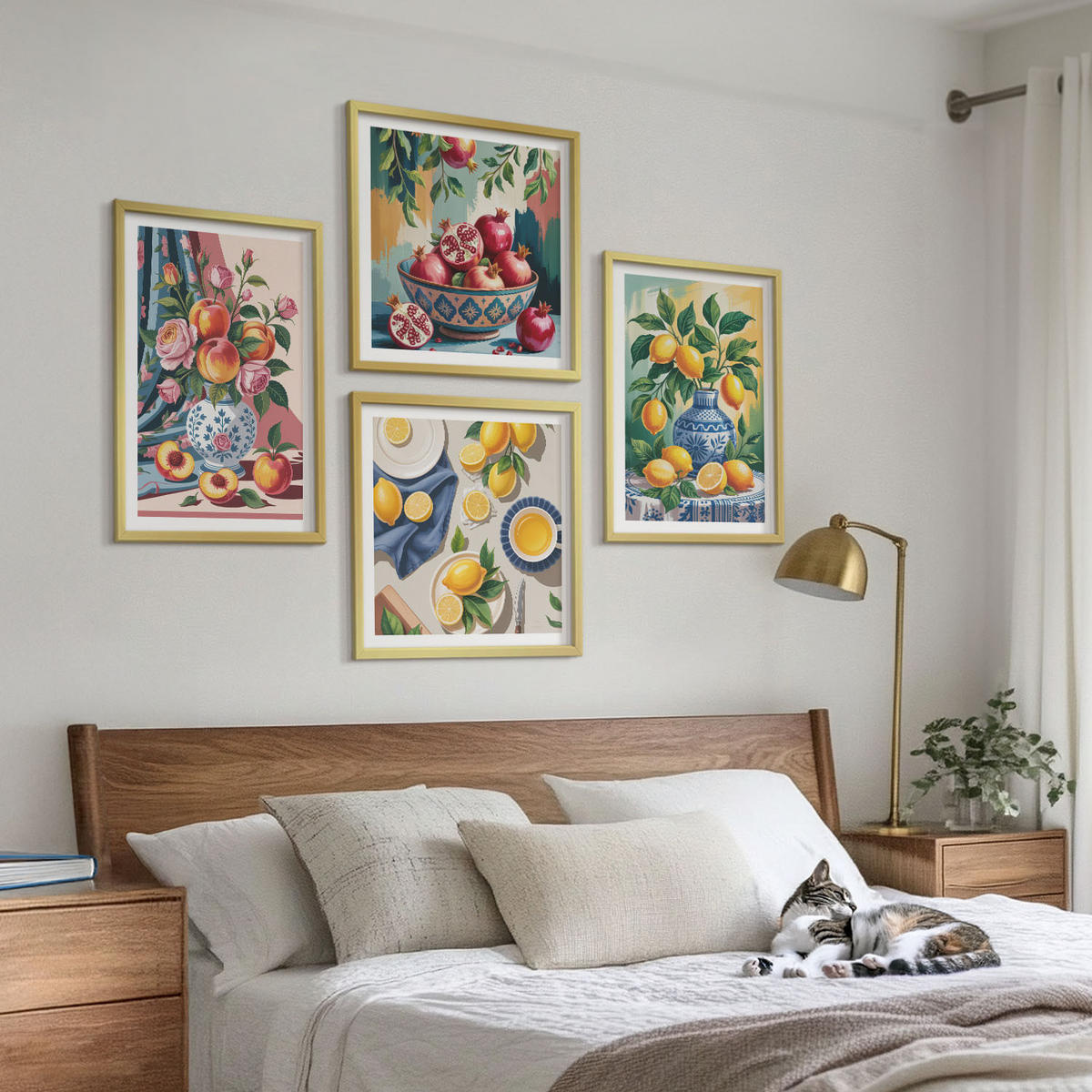 BILDER SET 4er Set - 50x50 cm & 40x60 cm Goldrahmen - Blumen und Früchte in Vasen - Goldfarben, Kunststoff (50/50cm) - TULUP