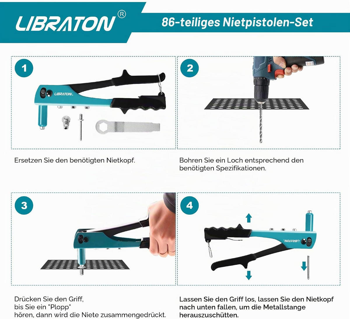 HANDNIETGERÄT-SET 80-teilig, austauschbar für 4 Blindnietarten inkl. HSS-Bohrer, Autoreparatur - Blau, Metall (26.4/11.3/3.7cm) - LIBRATON